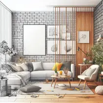 Скетч интерьера гостинной переходящий из карандашного рисунка в цветной